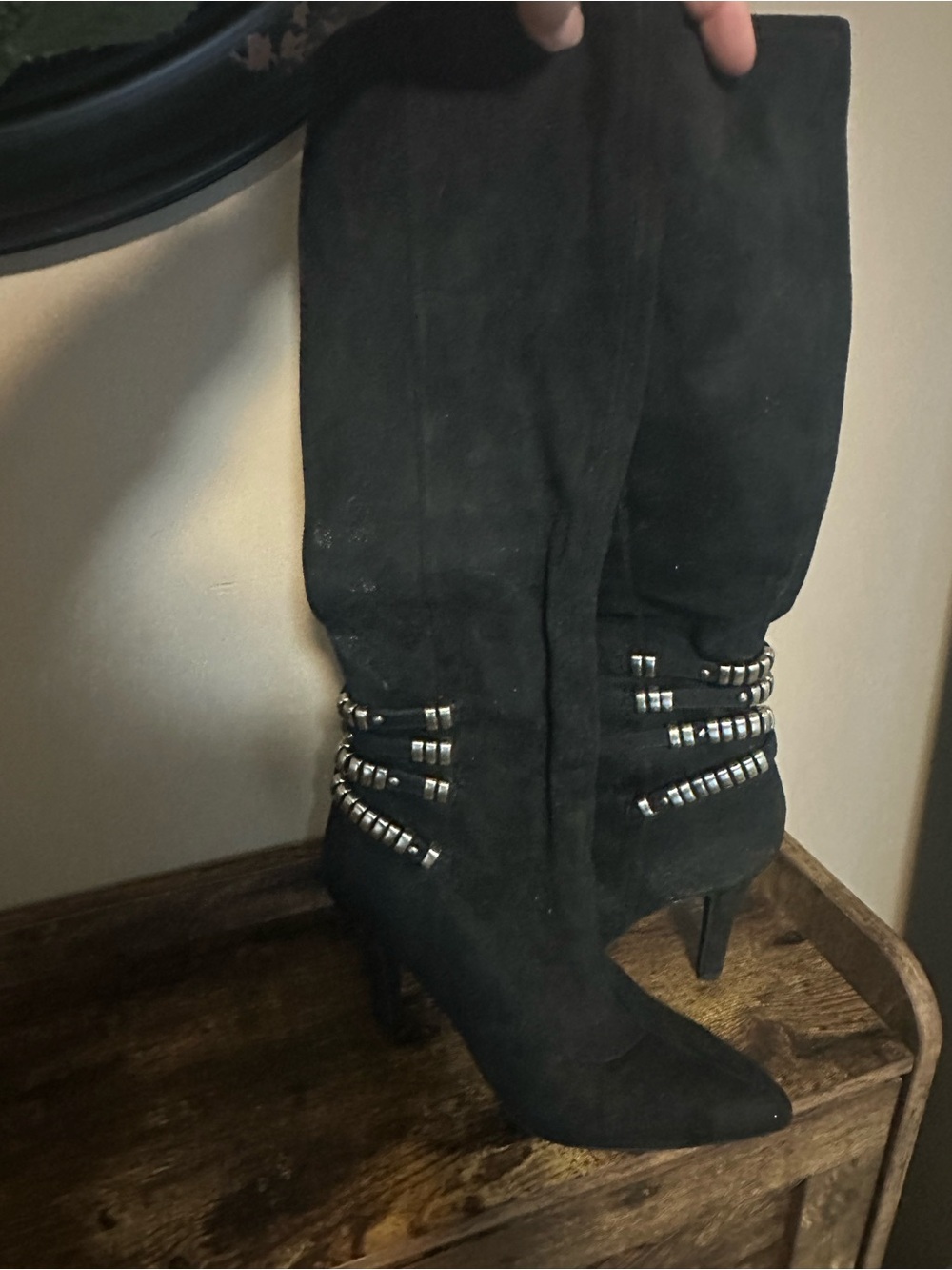 BCBGeneration Black Suede Knee Boots with Silver Studded Straps